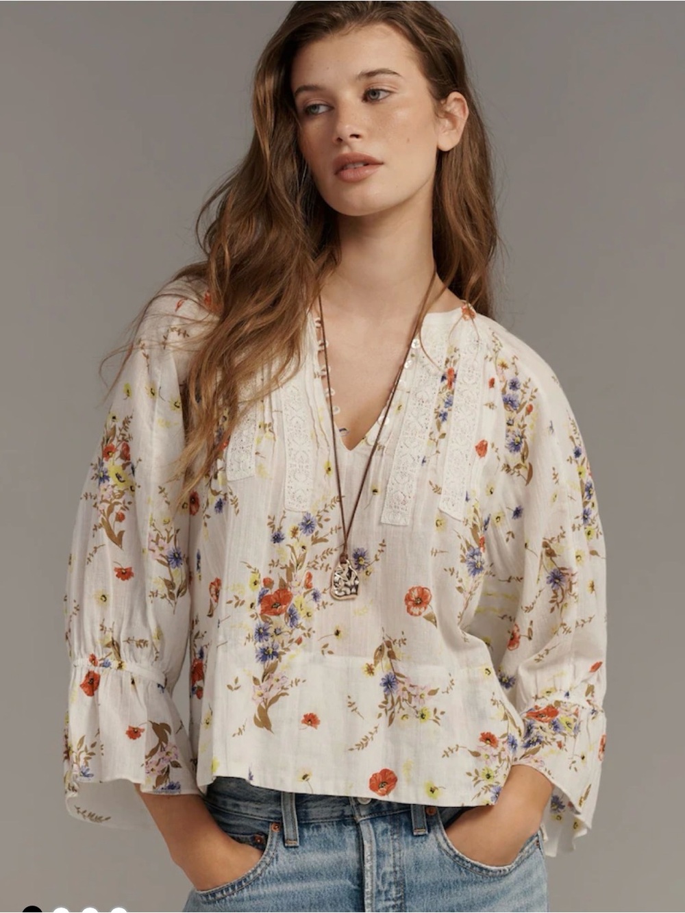 NWT! Anthropologie Cream Floral Cotton Pintuck V-Neck Long
